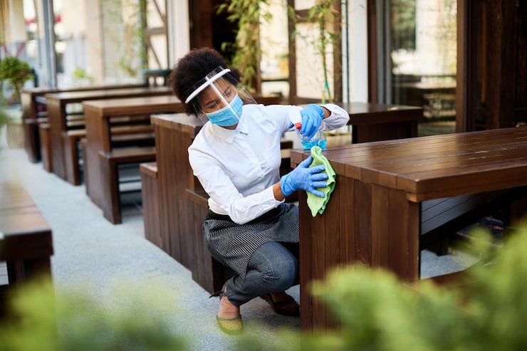 cafe owner cleaning tables with disinfectant while reopening covid19 pandemic 637285 8020