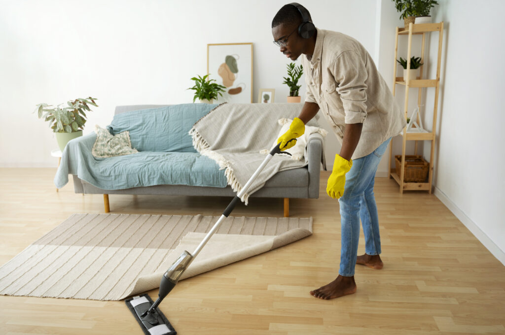 full shot man cleaning floor with mop