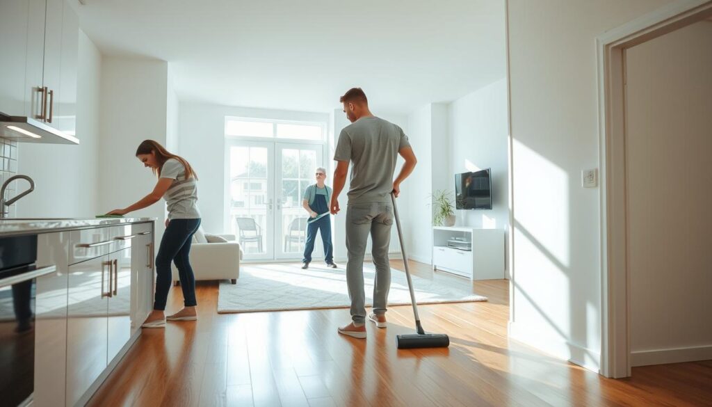 A bright, airy interior of a freshly vacated apartment undergoing professional end of tenancy cleaning. In the foreground, a professional cleaner in modest casual attire methodically wipes down kitchen cabinets, while another cleaner diligently vacuums the living room carpet. The middle ground captures the gleaming countertops and sparkling appliances, showcasing the results of thorough cleaning. Sunlight streams in through large windows, illuminating the space with a warm, inviting glow. In the background, pristine white walls complement the polished hardwood floors, adding to the sense of cleanliness and order. The atmosphere is serene and organized, emphasizing the meticulous nature of a professional move-out clean. The perspective is slightly elevated, offering a comprehensive view of the apartment’s transformation. A bright, airy interior of a freshly vacated apartment undergoing professional end of tenancy cleaning. In the foreground, a professional cleaner in modest casual attire methodically wipes down kitchen cabinets, while another cleaner diligently vacuums the living room carpet. The middle ground captures the gleaming countertops and sparkling appliances, showcasing the results of thorough cleaning. Sunlight streams in through large windows, illuminating the space with a warm, inviting glow. In the background, pristine white walls complement the polished hardwood floors, adding to the sense of cleanliness and order. The atmosphere is serene and organized, emphasizing the meticulous nature of a professional move-out clean. The perspective is slightly elevated, offering a comprehensive view of the apartment’s transformation.