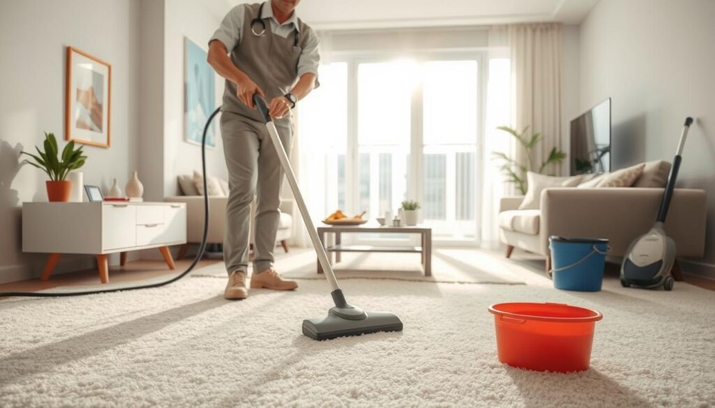 A bright and clean Airbnb living room, showcasing deep cleaning strategies for high-traffic areas. In the foreground, a professional cleaner wearing a neat uniform is using a vacuum cleaner on a plush, lightly colored carpet, demonstrating effective cleaning techniques. The middle ground features well-organized furniture and sparkling surfaces, with a mop and bucket nearby, emphasizing tidiness. In the background, sunlight streams through large windows, creating an inviting atmosphere and highlighting the fresh look of the space. The overall composition conveys a sense of professionalism and attention to detail, with a polished and serene ambiance, perfect for potential guests. The lighting is soft and warm, enhancing the cleanliness of the environment while maintaining a cozy feel. A bright and clean Airbnb living room, showcasing deep cleaning strategies for high-traffic areas. In the foreground, a professional cleaner wearing a neat uniform is using a vacuum cleaner on a plush, lightly colored carpet, demonstrating effective cleaning techniques. The middle ground features well-organized furniture and sparkling surfaces, with a mop and bucket nearby, emphasizing tidiness. In the background, sunlight streams through large windows, creating an inviting atmosphere and highlighting the fresh look of the space. The overall composition conveys a sense of professionalism and attention to detail, with a polished and serene ambiance, perfect for potential guests. The lighting is soft and warm, enhancing the cleanliness of the environment while maintaining a cozy feel.