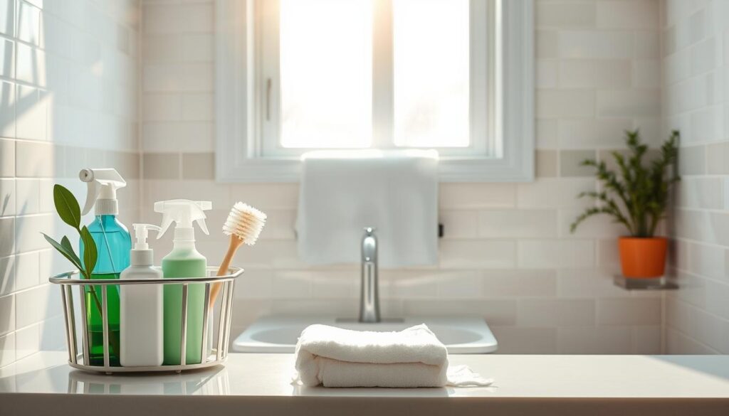 A bright and inviting bathroom scene that conveys the concept of "Bathroom Sanitation and Maintenance Secrets." In the foreground, a well-organized cleaning caddy with various eco-friendly cleaning products, such as sprays and brushes, is neatly placed on a clean countertop. In the middle, a sparkling clean sink and a neatly hung fluffy towel showcase meticulous maintenance. Soft morning light streams through a frosted window, creating a warm and welcoming atmosphere. In the background, subtle, pastel-colored tiles add to the calming effect, and decorative plants in stylish pots lend freshness. The camera angle is slightly elevated, focusing on the caddy and sink, emphasizing hygiene and organization without clutter. The overall mood should feel serene, clean, and inspiring for readers to consider effective bathroom maintenance. A bright and inviting bathroom scene that conveys the concept of "Bathroom Sanitation and Maintenance Secrets." In the foreground, a well-organized cleaning caddy with various eco-friendly cleaning products, such as sprays and brushes, is neatly placed on a clean countertop. In the middle, a sparkling clean sink and a neatly hung fluffy towel showcase meticulous maintenance. Soft morning light streams through a frosted window, creating a warm and welcoming atmosphere. In the background, subtle, pastel-colored tiles add to the calming effect, and decorative plants in stylish pots lend freshness. The camera angle is slightly elevated, focusing on the caddy and sink, emphasizing hygiene and organization without clutter. The overall mood should feel serene, clean, and inspiring for readers to consider effective bathroom maintenance.