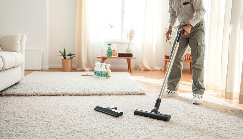 A bright and inviting interior scene showcasing effective flooring care and carpet maintenance. In the foreground, a professional wearing a clean, practical uniform diligently vacuums a plush, well-maintained carpet with a high-quality vacuum cleaner. In the middle, there is a polished hardwood floor reflecting soft, natural light streaming in from a window. Various carpet cleaning supplies, including eco-friendly sprays and a brush, are neatly arranged on a nearby table. In the background, soft curtains gently sway, adding a touch of warmth and comfort to the room. The overall atmosphere is fresh and organized, with a focus on cleanliness and care for different flooring types. Use soft, diffused lighting to enhance the inviting mood while avoiding harsh shadows. A bright and inviting interior scene showcasing effective flooring care and carpet maintenance. In the foreground, a professional wearing a clean, practical uniform diligently vacuums a plush, well-maintained carpet with a high-quality vacuum cleaner. In the middle, there is a polished hardwood floor reflecting soft, natural light streaming in from a window. Various carpet cleaning supplies, including eco-friendly sprays and a brush, are neatly arranged on a nearby table. In the background, soft curtains gently sway, adding a touch of warmth and comfort to the room. The overall atmosphere is fresh and organized, with a focus on cleanliness and care for different flooring types. Use soft, diffused lighting to enhance the inviting mood while avoiding harsh shadows.