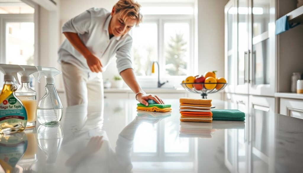 A bright and inviting kitchen in the midst of deep cleaning. In the foreground, a person wearing a crisp white shirt and comfortable pants is scrubbing a gleaming countertop with a sponge, showing focus and determination. The midground features an organized array of cleaning supplies: sparkling glass cleaner, fresh sponges, and natural cleaning solutions. In the background, sunlight streams through a large window, illuminating an array of colorful fruits in a bowl, and pristine cabinets reflect the sunlight. The overall mood is one of freshness and a sense of accomplishment, evoking a professional cleaning atmosphere. The camera is positioned at an eye level angle, capturing the cleaning process in an engaging, dynamic composition. The lighting is bright and natural, emphasizing cleanliness and rejuvenation. A bright and inviting kitchen in the midst of deep cleaning. In the foreground, a person wearing a crisp white shirt and comfortable pants is scrubbing a gleaming countertop with a sponge, showing focus and determination. The midground features an organized array of cleaning supplies: sparkling glass cleaner, fresh sponges, and natural cleaning solutions. In the background, sunlight streams through a large window, illuminating an array of colorful fruits in a bowl, and pristine cabinets reflect the sunlight. The overall mood is one of freshness and a sense of accomplishment, evoking a professional cleaning atmosphere. The camera is positioned at an eye level angle, capturing the cleaning process in an engaging, dynamic composition. The lighting is bright and natural, emphasizing cleanliness and rejuvenation.