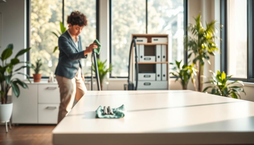 A bright and tidy office environment showcasing essential cleaning practices for a healthy workplace. In the foreground, a professional, neatly dressed office cleaner is using a microfiber cloth to wipe down a modern desk clutter-free and polished. In the middle, a vacuum cleaner stands next to an open filing cabinet with organized files, symbolizing efficiency and cleanliness. The background features large windows with natural light flooding in, illuminating indoor plants that enhance air quality. The atmosphere is vibrant and refreshing, promoting productivity and health. The scene is captured with a soft focus to emphasize cleanliness, using warm and inviting lighting to create an uplifting mood. The angle is slightly elevated, providing a comprehensive view of the organized workspace.