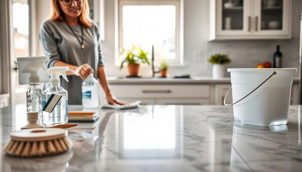 A bright, well-lit kitchen scene featuring a polished marble countertop being cleaned. In the foreground, a professional-looking individual wearing modest casual clothing is using a microfiber cloth and a gentle, pH-balanced cleaner specifically designed for marble. Various cleaning tools are organized neatly on one side, including a soft-bristle brush, a spray bottle, and a bucket of warm water. The middle of the image showcases the gleaming marble surface reflecting natural light from a nearby window, enhancing its elegant patterns and textures. In the background, soft-focus kitchen elements like cabinets and potted plants create a welcoming atmosphere. The overall mood is calm and focused, highlighting the importance of proper marble care.