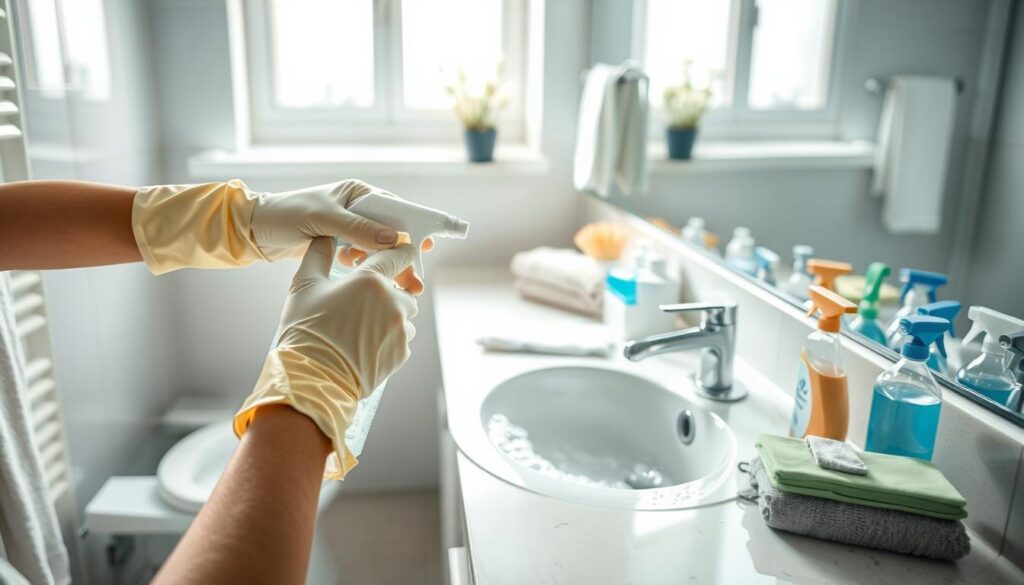 A brightly lit bathroom scene showcases a sparkling clean toilet and sink, emphasizing the process of sanitizing high-touch areas. In the foreground, a pair of gloved hands, wearing professional cleaning attire, are using a spray bottle and cloth to meticulously clean the toilet rim. The middle ground features a shimmering sink with soap bubbles, while a well-organized array of cleaning supplies—like brushes, disinfectant wipes, and gloves—are neatly arranged on a countertop. The background includes a large mirror reflecting the clean and tidy space, with soft, natural light filtering through a window, creating an inviting atmosphere. The overall mood is fresh, hygienic, and professional, perfect for illustrating effective bathroom cleaning practices. A brightly lit bathroom scene showcases a sparkling clean toilet and sink, emphasizing the process of sanitizing high-touch areas. In the foreground, a pair of gloved hands, wearing professional cleaning attire, are using a spray bottle and cloth to meticulously clean the toilet rim. The middle ground features a shimmering sink with soap bubbles, while a well-organized array of cleaning supplies—like brushes, disinfectant wipes, and gloves—are neatly arranged on a countertop. The background includes a large mirror reflecting the clean and tidy space, with soft, natural light filtering through a window, creating an inviting atmosphere. The overall mood is fresh, hygienic, and professional, perfect for illustrating effective bathroom cleaning practices.