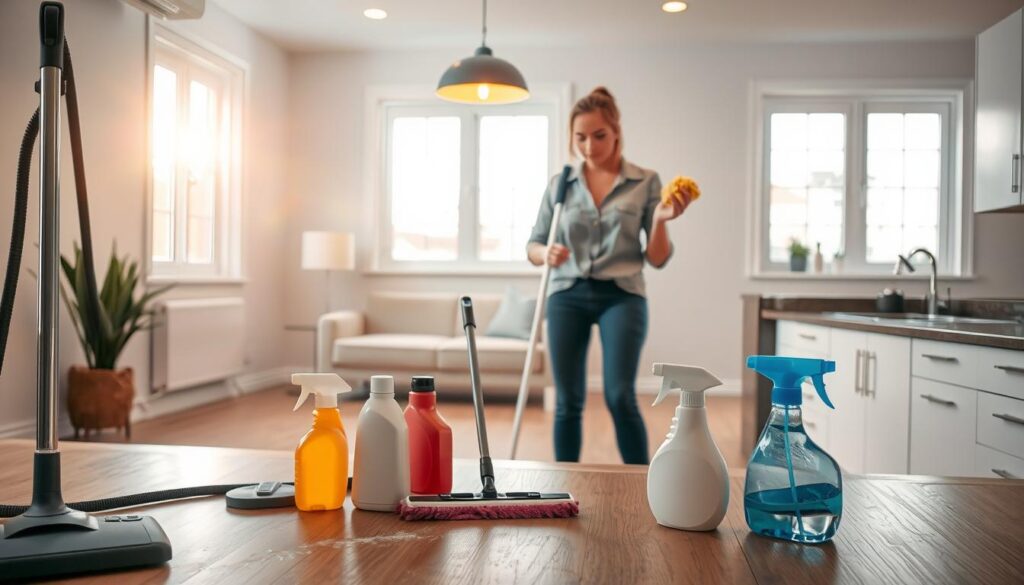 A brightly lit room undergoing move-out cleaning, featuring a variety of cleaning tools neatly arranged in the foreground: a vacuum cleaner, mop, and cleaning sprays. In the middle, a professional cleaner wearing modest casual clothing, scrubbers in hand, diligently wiping down kitchen countertops that gleam under warm overhead lighting. The background displays an empty living space, with freshly cleaned windows letting in soft natural light, enhancing the atmosphere of cleanliness and order. The mood is focused and diligent, capturing the essence of a thorough move-out cleaning process, with the overall composition highlighting the checklist of essential tasks being executed in a methodical manner. The angle is slightly elevated, providing a clear view of the action while maintaining a tidy aesthetic. A brightly lit room undergoing move-out cleaning, featuring a variety of cleaning tools neatly arranged in the foreground: a vacuum cleaner, mop, and cleaning sprays. In the middle, a professional cleaner wearing modest casual clothing, scrubbers in hand, diligently wiping down kitchen countertops that gleam under warm overhead lighting. The background displays an empty living space, with freshly cleaned windows letting in soft natural light, enhancing the atmosphere of cleanliness and order. The mood is focused and diligent, capturing the essence of a thorough move-out cleaning process, with the overall composition highlighting the checklist of essential tasks being executed in a methodical manner. The angle is slightly elevated, providing a clear view of the action while maintaining a tidy aesthetic.