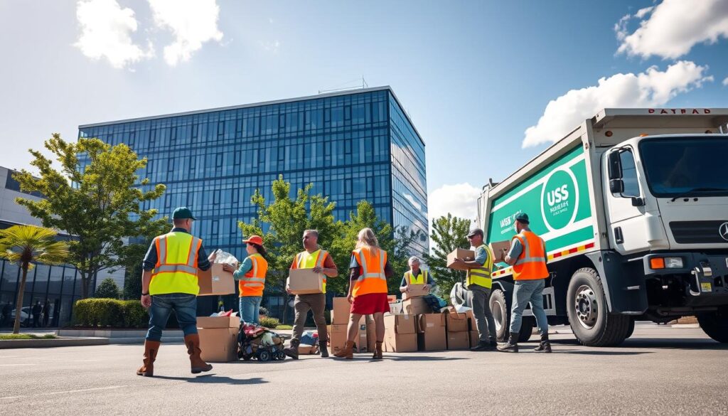 A bustling commercial waste removal scene in an urban environment. In the foreground, a professional waste removal crew dressed in bright safety vests and sturdy work boots is loading cardboard boxes and plastic waste into a large, branded waste disposal truck. The middle ground features a busy office building with large glass windows and greenery, showcasing the typical urban office setting. The background highlights a clear blue sky with a few clouds, emphasizing a bright day. Soft sunlight casts natural shadows, creating a lively atmosphere. The image should evoke a sense of efficiency and professionalism, capturing the importance of waste management in business operations, with a clean and organized feel throughout. A bustling commercial waste removal scene in an urban environment. In the foreground, a professional waste removal crew dressed in bright safety vests and sturdy work boots is loading cardboard boxes and plastic waste into a large, branded waste disposal truck. The middle ground features a busy office building with large glass windows and greenery, showcasing the typical urban office setting. The background highlights a clear blue sky with a few clouds, emphasizing a bright day. Soft sunlight casts natural shadows, creating a lively atmosphere. The image should evoke a sense of efficiency and professionalism, capturing the importance of waste management in business operations, with a clean and organized feel throughout.