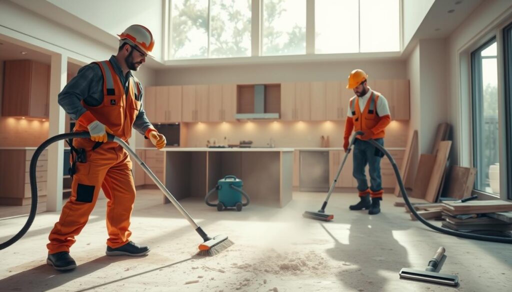A busy construction site where builders are meticulously cleaning up after a project. In the foreground, two professional builders in sturdy work outfits, complete with hard hats and gloves, are using high-powered vacuums and brooms to remove dust and debris from a newly renovated room. The middle layer shows newly installed fixtures like cabinets and countertops, glistening as sunlight streams through large windows, creating a warm and inviting atmosphere. In the background, partially completed areas can be seen, with construction materials neatly organized. A soft, diffused light fills the scene, emphasizing a sense of thoroughness and attention to detail in the cleaning process, inspiring a feeling of transformation and freshness in the space. A busy construction site where builders are meticulously cleaning up after a project. In the foreground, two professional builders in sturdy work outfits, complete with hard hats and gloves, are using high-powered vacuums and brooms to remove dust and debris from a newly renovated room. The middle layer shows newly installed fixtures like cabinets and countertops, glistening as sunlight streams through large windows, creating a warm and inviting atmosphere. In the background, partially completed areas can be seen, with construction materials neatly organized. A soft, diffused light fills the scene, emphasizing a sense of thoroughness and attention to detail in the cleaning process, inspiring a feeling of transformation and freshness in the space.