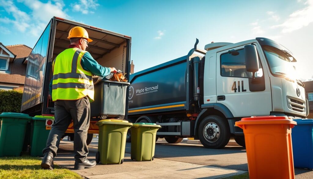 A busy waste removal scene in Croydon, showcasing a modern waste management truck parked in front of a residential home, with the Croydon skyline in the background. In the foreground, a professional waste removal technician, dressed in a bright safety vest and hard hat, is loading a bin filled with household waste into the truck. The middle ground features neatly arranged garden waste and recycling bins nearby. The atmosphere is bright and efficient, with clear blue skies and soft sunlight illuminating the scene, creating a sense of productivity. The shot is taken from a low angle to emphasize the height of the truck and convey an active, dynamic mood while ensuring a focus on the waste removal process. A busy waste removal scene in Croydon, showcasing a modern waste management truck parked in front of a residential home, with the Croydon skyline in the background. In the foreground, a professional waste removal technician, dressed in a bright safety vest and hard hat, is loading a bin filled with household waste into the truck. The middle ground features neatly arranged garden waste and recycling bins nearby. The atmosphere is bright and efficient, with clear blue skies and soft sunlight illuminating the scene, creating a sense of productivity. The shot is taken from a low angle to emphasize the height of the truck and convey an active, dynamic mood while ensuring a focus on the waste removal process.
