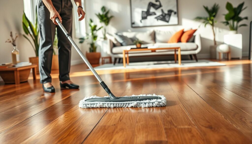 A clean, polished hardwood floor reflects warm, natural light, showcasing its rich grain and texture. In the foreground, a professional cleaner in modest, professional attire is gently using a microfiber mop, demonstrating proper floor care techniques. The middle ground features a well-organized cleaning station with eco-friendly cleaning supplies, such as a bottle labeled "Wood Floor Cleaner" and neatly folded cloths. The background includes a stylish, modern living room decorated with plants and soft furnishings, creating a welcoming atmosphere. Soft, diffused lighting enhances the scene, casting gentle shadows that highlight the floor's luster. The overall mood is serene and informative, emphasizing expertise in caring for hardwood floors without damage. A clean, polished hardwood floor reflects warm, natural light, showcasing its rich grain and texture. In the foreground, a professional cleaner in modest, professional attire is gently using a microfiber mop, demonstrating proper floor care techniques. The middle ground features a well-organized cleaning station with eco-friendly cleaning supplies, such as a bottle labeled "Wood Floor Cleaner" and neatly folded cloths. The background includes a stylish, modern living room decorated with plants and soft furnishings, creating a welcoming atmosphere. Soft, diffused lighting enhances the scene, casting gentle shadows that highlight the floor's luster. The overall mood is serene and informative, emphasizing expertise in caring for hardwood floors without damage.