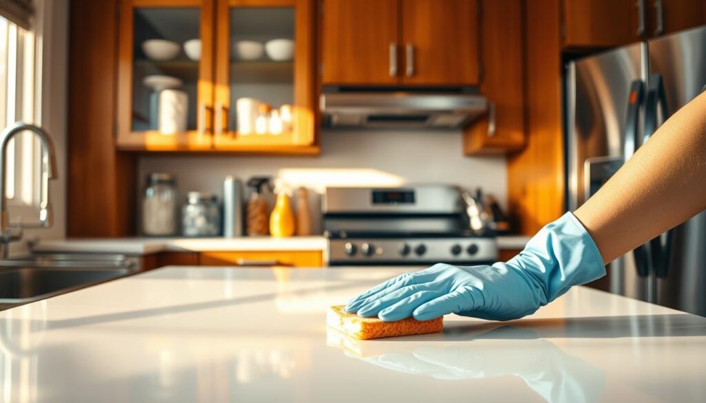 A clean, well-organized kitchen scene focusing on cabinet and countertop surfaces. In the foreground, a pair of hands in modest gloves scrubbing a gleaming white countertop with a sponge, showcasing a sparkling effect. In the middle ground, wooden cabinets with neatly arranged glass jars and cleaning supplies, bathed in warm, natural light filtering through a window. The background features stainless steel appliances reflecting the sunlight, adding a touch of modern elegance. A subtle depth of field captures the focus on the cleaning action, emphasizing both the meticulous effort and the fresh atmosphere of a recently deep-cleaned kitchen. The overall mood is bright, inviting, and professionally tidy, evoking a sense of accomplishment and cleanliness. A clean, well-organized kitchen scene focusing on cabinet and countertop surfaces. In the foreground, a pair of hands in modest gloves scrubbing a gleaming white countertop with a sponge, showcasing a sparkling effect. In the middle ground, wooden cabinets with neatly arranged glass jars and cleaning supplies, bathed in warm, natural light filtering through a window. The background features stainless steel appliances reflecting the sunlight, adding a touch of modern elegance. A subtle depth of field captures the focus on the cleaning action, emphasizing both the meticulous effort and the fresh atmosphere of a recently deep-cleaned kitchen. The overall mood is bright, inviting, and professionally tidy, evoking a sense of accomplishment and cleanliness.