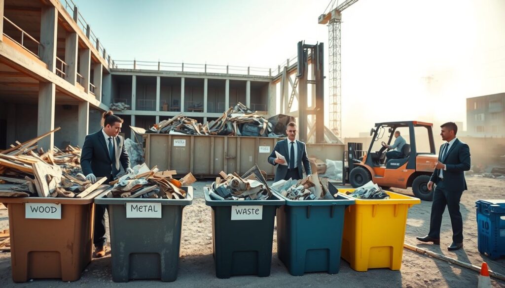 A construction site post-renovation, showcasing an organized waste removal operation. In the foreground, a team of three professionals in smart business attire is sorting debris into designated bins—one for wood, another for metal, and a third for general waste. In the middle, a large dumpster is being filled with construction rubble and old materials, while a forklift is lifting heavy items nearby. The background features a partially completed building, with dust settling in the air, hinting at recent activity. Soft, natural daylight illuminates the scene, creating a practical yet industrious atmosphere. Capture a wide-angle view to convey the scale of the cleanup effort while maintaining focus on the teamwork involved in waste management and debris disposal. Ensure the image communicates a sense of safety and professionalism in the construction environment.