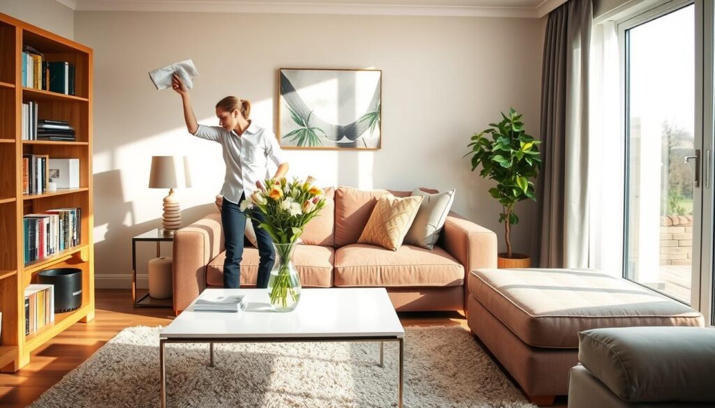A cozy, well-organized living room in a Croydon home, showcasing the benefits of professional residential cleaning. In the foreground, a professional cleaner in neat business attire is meticulously dusting a bookshelf, emphasizing attention to detail. The middle ground features a spotless sofa and coffee table adorned with a fresh vase of flowers, highlighting a welcoming atmosphere. In the background, a large window lets in warm, natural light, creating a bright and inviting ambiance. Soft shadows enhance the clarity of the space, conveying comfort and cleanliness. The overall mood is serene and refreshing, illustrating how professional cleaning transforms busy family homes into tidy, stress-free environments.