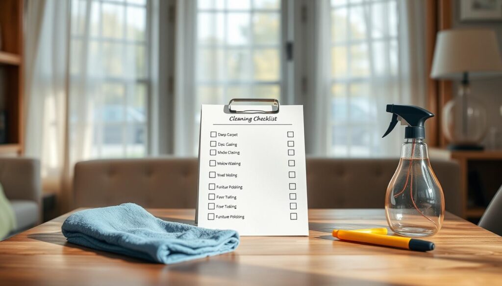 A detailed cleaning checklist displayed on a stylish wooden table in a well-lit home environment. The checklist is neatly organized, with bullet points indicating tasks such as "Deep Carpet Cleaning," "Window Washing," and "Furniture Polishing." In the foreground, a pair of professional cleaning tools, like a microfiber cloth and a spray bottle, add context. The middle section features the checklist prominently, with clear boxes next to each task, ready for marking. In the background, soft, natural light streams in through a window adorned with light curtains, creating a fresh and inviting atmosphere. The overall mood is one of organization and professionalism, perfect for conveying specialized cleaning services for unique needs.