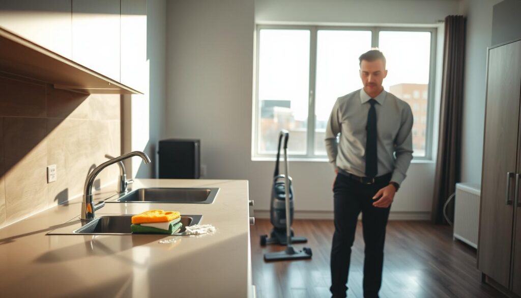 A focused scene of a landlord dressed in smart casual attire, diligently cleaning an empty rental apartment. In the foreground, the landlord is scrubbing the kitchen countertops with a sponge and cleaning solution, showcasing attention to detail. In the middle ground, there's a vacuum cleaner and cleaning supplies neatly arranged, emphasizing the cleaning process. The background shows large windows letting in bright, natural light, highlighting the spaciousness and cleanliness of the apartment. The mood is professional and industrious, illustrating the importance of thorough cleaning. Soft shadows and warm lighting create an inviting atmosphere, suggesting a well-maintained living space ready for new tenants. The angle is slightly above eye level, providing a comprehensive view of the cleaning activity.