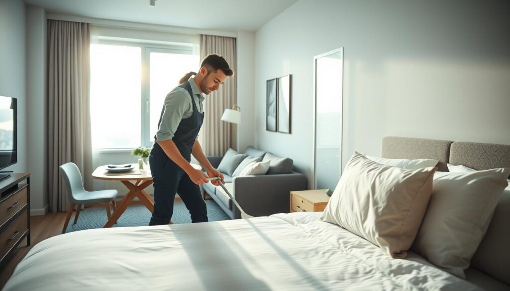 A focused scene of an Airbnb cleaning professional in a modern, stylish rental apartment preparing for the arrival of new guests. In the foreground, a person wearing smart casual attire is methodically changing bed linens and fluffing pillows on a neatly made bed. The middle ground showcases a well-lit living area with a cozy sofa and a dining table set for two, emphasizing cleanliness and comfort. In the background, a window reveals a bright, sunny day outside, with fresh air carrying a sense of renewal. Soft, natural lighting floods the room, enhancing the warm, inviting atmosphere. The image captures the hustle and efficiency of quick turnarounds, illustrating the importance of thorough cleaning for positive guest experiences. A focused scene of an Airbnb cleaning professional in a modern, stylish rental apartment preparing for the arrival of new guests. In the foreground, a person wearing smart casual attire is methodically changing bed linens and fluffing pillows on a neatly made bed. The middle ground showcases a well-lit living area with a cozy sofa and a dining table set for two, emphasizing cleanliness and comfort. In the background, a window reveals a bright, sunny day outside, with fresh air carrying a sense of renewal. Soft, natural lighting floods the room, enhancing the warm, inviting atmosphere. The image captures the hustle and efficiency of quick turnarounds, illustrating the importance of thorough cleaning for positive guest experiences.
