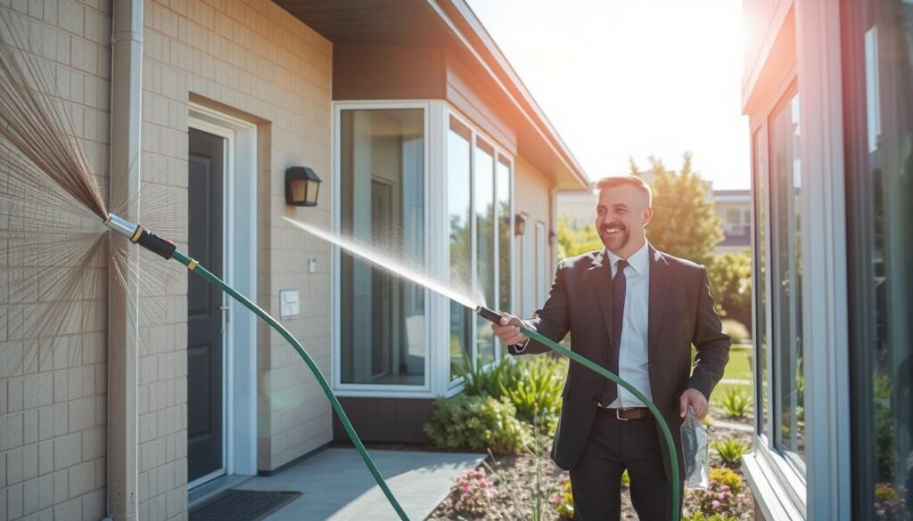 A landlord in professional business attire meticulously cleaning a building's exterior. In the foreground, the landlord is using a hose for pressure washing the side of a modest apartment complex, visibly removing dirt and grime. In the middle ground, a large window is being cleaned with a squeegee, sparkling under the sun. The background features a well-maintained garden with colorful flowers and a clear blue sky, enhancing the overall appeal of the property. The scene is well-lit with natural sunlight, highlighting the satisfaction of the landlord as they take pride in maintaining the property. The atmosphere is professional, diligent, and focused on enhancing the property's exterior appeal.