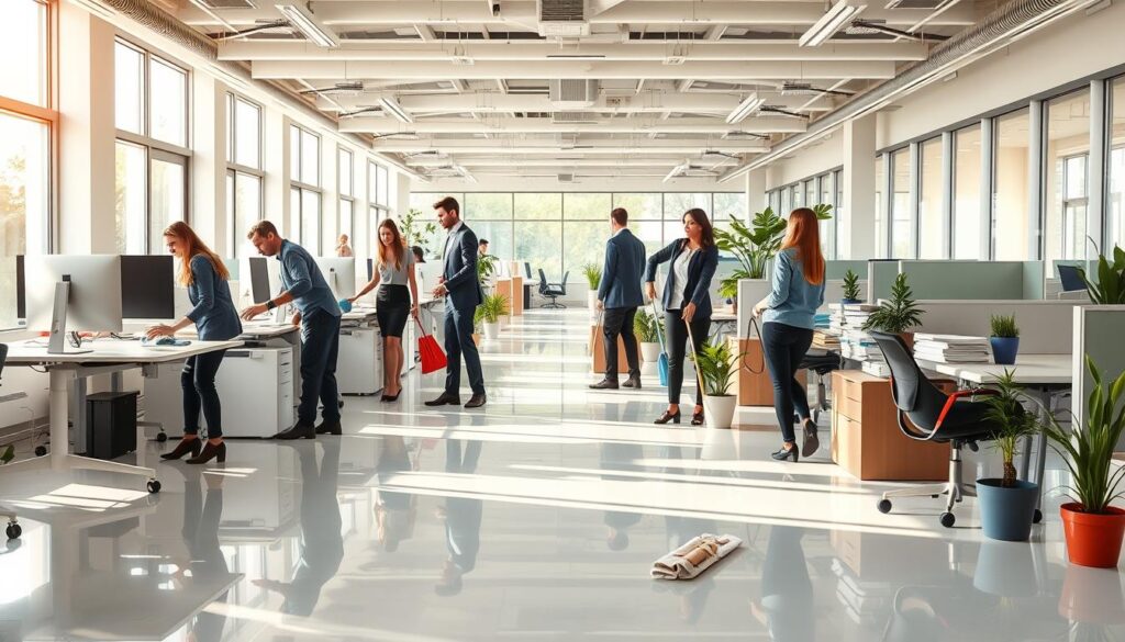 A modern commercial office space undergoing spring cleaning, filled with natural light streaming through large windows. In the foreground, a diverse team of professionals in smart business attire is actively engaged in organizing and cleaning office desks; one person wipes a monitor while another stacks documents neatly. In the middle ground, gleaming floors reflect the sunlight, and fresh potted plants add a touch of greenery. In the background, open cubicles create a vibrant atmosphere with colorful decor. The room is clean, spacious, and inviting, conveying a sense of freshness and rejuvenation. Soft, warm lighting enhances the cheerful mood of productivity and collaboration. Capture this scene from a slightly elevated angle to provide depth and context, emphasizing the collective effort of spring cleaning.