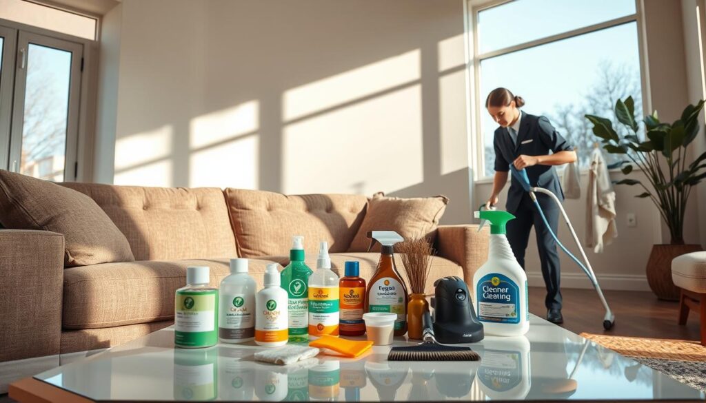 A modern living room showcasing specialized cleaning services in action. In the foreground, a professional cleaner, dressed in a smart uniform, meticulously cleans a plush sofa with a specialized upholstery tool. In the middle, various cleaning supplies neatly arranged on a stylish coffee table, including eco-friendly products and equipment designed for deep cleaning. The background features large windows allowing natural light to pour in, enhancing the bright and welcoming atmosphere. Soft shadows play on the walls, creating a serene mood. The angle is from a slight elevation, capturing the entire scene and emphasizing the dedication to home maintenance. The color palette is warm and inviting, showcasing the comfort of a well-maintained home.