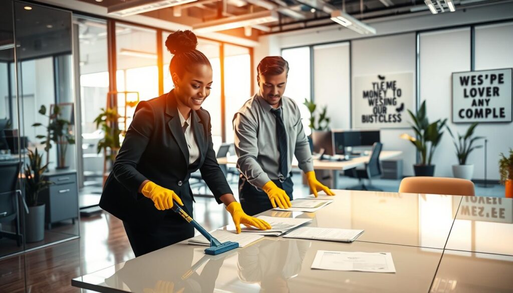 A modern office environment showcasing professional cleaners in action. In the foreground, two diverse cleaners, a Black woman and a Hispanic man, both dressed in smart, functional uniforms, are meticulously cleaning an office desk and organizing paperwork. The middle ground features a bright, spacious office space with large windows allowing natural light to flood in, highlighting the cleanliness of the glass and surfaces. The background shows high-tech office furniture, potted plants, and a motivational wall art that enhances the professional atmosphere. The lighting is warm and inviting, creating a sense of productivity and excellence. The scene conveys a mood of professionalism, efficiency, and dedication to achieving a spotless work environment. A modern office environment showcasing professional cleaners in action. In the foreground, two diverse cleaners, a Black woman and a Hispanic man, both dressed in smart, functional uniforms, are meticulously cleaning an office desk and organizing paperwork. The middle ground features a bright, spacious office space with large windows allowing natural light to flood in, highlighting the cleanliness of the glass and surfaces. The background shows high-tech office furniture, potted plants, and a motivational wall art that enhances the professional atmosphere. The lighting is warm and inviting, creating a sense of productivity and excellence. The scene conveys a mood of professionalism, efficiency, and dedication to achieving a spotless work environment.