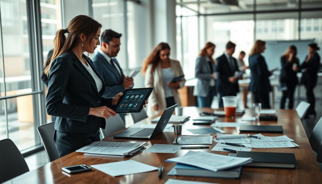 A modern office scene showcasing a diverse group of professionals engaged in a detailed discussion about background check standards. In the foreground, a confident woman in a smart business attire is pointing at a digital tablet displaying security protocols, while a man in a tailored suit takes notes. In the middle ground, a large conference table is dotted with papers, laptops, and various background check materials, with a large window illuminating the room with natural daylight, creating a bright and open atmosphere. In the background, blurred silhouettes of additional team members can be seen collaborating and examining files, emphasizing a vibrant and focused work environment. The overall mood conveys diligence, professionalism, and transparency in the vetting process.