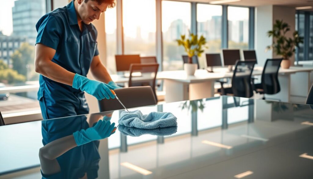 A modern office space in Croydon, focusing on a commercial cleaner at work. In the foreground, a focused, professional cleaner in a blue uniform and gloves meticulously cleaning a large glass table with a microfiber cloth. In the middle ground, a well-organized office environment featuring desks, ergonomic chairs, and a potted plant, all gleaming in the warm, natural light filtering through large windows. The background showcases a city view, hinting at Croydon's urban landscape with office buildings and greenery. The lighting is bright yet soft, creating an inviting, productive atmosphere that underscores the importance of cleanliness in a business setting, emphasizing professionalism and efficiency.