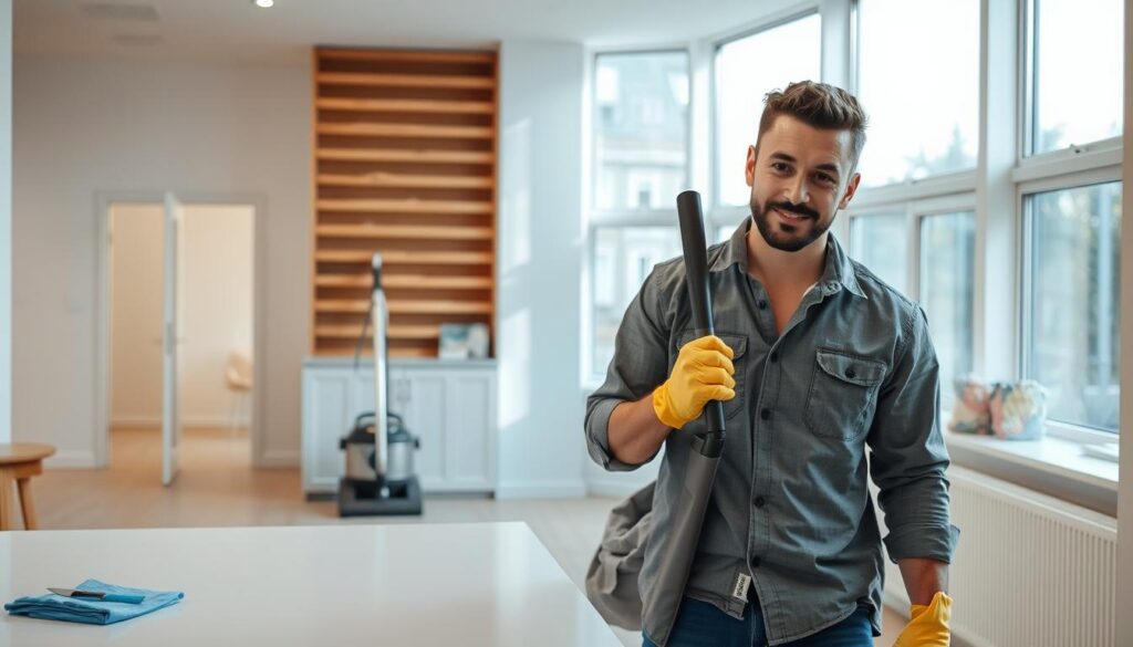 A modern, well-lit interior space in Croydon, showcasing a freshly cleaned room post-construction. In the foreground, a professional cleaner in modest casual clothing, equipped with high-quality cleaning tools, is diligently wiping surfaces. The cleaner’s face reflects focus and determination, representing the professional approach to after builders cleaning. In the middle ground, sparkling clean surfaces and neatly organized cleaning supplies like a vacuum and microfiber cloths emphasize attention to detail. The background features a newly renovated space with freshly painted walls and new flooring, subtly indicating construction work has just been completed. Soft, natural light filters through large windows, creating a bright and welcoming atmosphere, evoking a sense of satisfaction in cleanliness and order.