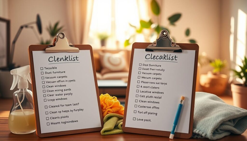 A neatly organized cleaning checklist set against a softly lit, cozy living room backdrop. In the foreground, a stylish clipboard features a detailed checklist with bullet points for cleaning tasks such as dusting furniture, vacuuming carpets, and cleaning windows. The clipboard is surrounded by cleaning supplies, including a spray bottle, microfiber cloth, and a duster, arranged artfully. The middle layer showcases a comfortably furnished living room with a plush sofa, decorative cushions, and a coffee table, all bathed in warm, natural light streaming through a window. In the background, houseplants add a touch of greenery, and soft shadows create a tranquil, inviting atmosphere. The overall mood is cheerful and motivating, perfect for inspiring a successful cleaning session.
