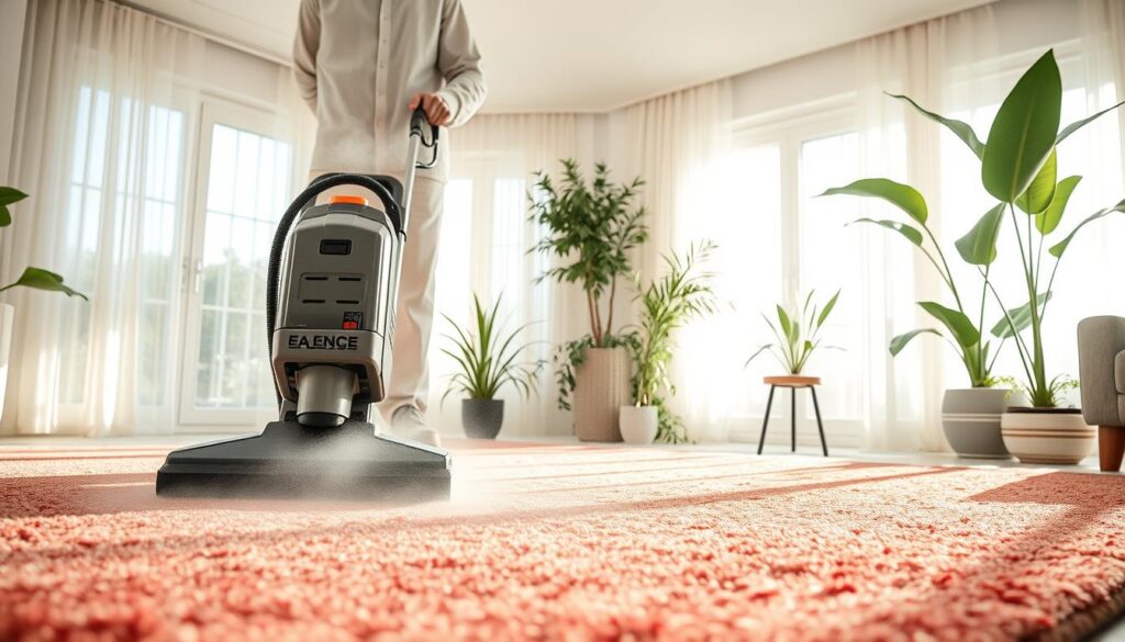 A professional carpet cleaner, dressed in clean, modest work attire, is actively using a high-powered steam cleaning machine in a beautifully lit living room. In the foreground, the focus is on the machine, releasing steam that lifts dirt and allergens from a plush, vibrant area rug. The middle ground features a portion of the carpet that gleams with freshness, showcasing before-and-after differences, while plants in stylish pots enhance the indoor air quality ambiance. The background includes light-flooded windows with sheer curtains, allowing natural light to illuminate the space, creating a warm and inviting atmosphere. Soft shadows add depth, emphasizing cleanliness and health. The overall mood is fresh and revitalizing, capturing the importance of both carpet care and quality indoor air. A professional carpet cleaner, dressed in clean, modest work attire, is actively using a high-powered steam cleaning machine in a beautifully lit living room. In the foreground, the focus is on the machine, releasing steam that lifts dirt and allergens from a plush, vibrant area rug. The middle ground features a portion of the carpet that gleams with freshness, showcasing before-and-after differences, while plants in stylish pots enhance the indoor air quality ambiance. The background includes light-flooded windows with sheer curtains, allowing natural light to illuminate the space, creating a warm and inviting atmosphere. Soft shadows add depth, emphasizing cleanliness and health. The overall mood is fresh and revitalizing, capturing the importance of both carpet care and quality indoor air.
