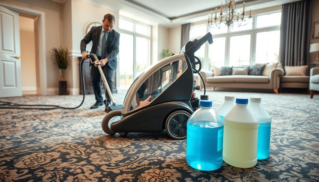 A professional carpet cleaning technician in business attire is seen in the foreground, using a high-powered cleaning machine on an intricately patterned carpet. The technician is focused and diligent, demonstrating the use of advanced equipment designed for deep cleaning. In the middle ground, a shiny industrial-grade carpet cleaner stands alongside containers filled with cleaning solutions, showcasing the tools of the trade. The background reveals a well-lit room in a modern Croydon home, with natural light filtering through large windows, illuminating the textures and colors of the carpet. The atmosphere is clean and professional, reflecting a sense of care and expertise in carpet maintenance. The scene captures the impact of professional equipment on extending carpet longevity, emphasizing a commitment to quality cleaning. A professional carpet cleaning technician in business attire is seen in the foreground, using a high-powered cleaning machine on an intricately patterned carpet. The technician is focused and diligent, demonstrating the use of advanced equipment designed for deep cleaning. In the middle ground, a shiny industrial-grade carpet cleaner stands alongside containers filled with cleaning solutions, showcasing the tools of the trade. The background reveals a well-lit room in a modern Croydon home, with natural light filtering through large windows, illuminating the textures and colors of the carpet. The atmosphere is clean and professional, reflecting a sense of care and expertise in carpet maintenance. The scene captures the impact of professional equipment on extending carpet longevity, emphasizing a commitment to quality cleaning.