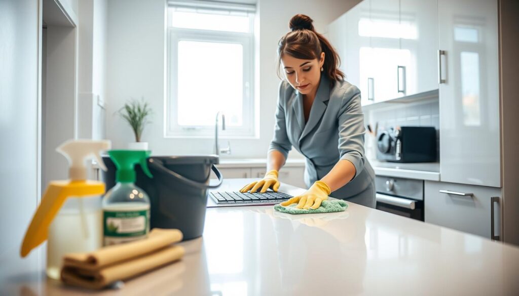 A professional cleaner in smart business attire meticulously scrubbing a kitchen countertop in a tidy, well-lit apartment in Croydon. The foreground shows cleaning supplies: a bucket, microfiber cloths, and eco-friendly cleaners, creating a sense of thoroughness. In the middle ground, a sparkling clean kitchen with gleaming surfaces and neatly organized cabinets reflects the standards expected by letting agents and landlords. The background features a window with soft, natural sunlight streaming in, enhancing the clean and fresh atmosphere. The overall mood is one of diligence and professionalism, emphasizing the importance of meeting rental cleaning requirements. The angle is slightly elevated, capturing both the cleaner's focused expression and the immaculate surroundings, creating a sense of accomplishment in end-of-tenancy cleaning. A professional cleaner in smart business attire meticulously scrubbing a kitchen countertop in a tidy, well-lit apartment in Croydon. The foreground shows cleaning supplies: a bucket, microfiber cloths, and eco-friendly cleaners, creating a sense of thoroughness. In the middle ground, a sparkling clean kitchen with gleaming surfaces and neatly organized cabinets reflects the standards expected by letting agents and landlords. The background features a window with soft, natural sunlight streaming in, enhancing the clean and fresh atmosphere. The overall mood is one of diligence and professionalism, emphasizing the importance of meeting rental cleaning requirements. The angle is slightly elevated, capturing both the cleaner's focused expression and the immaculate surroundings, creating a sense of accomplishment in end-of-tenancy cleaning.