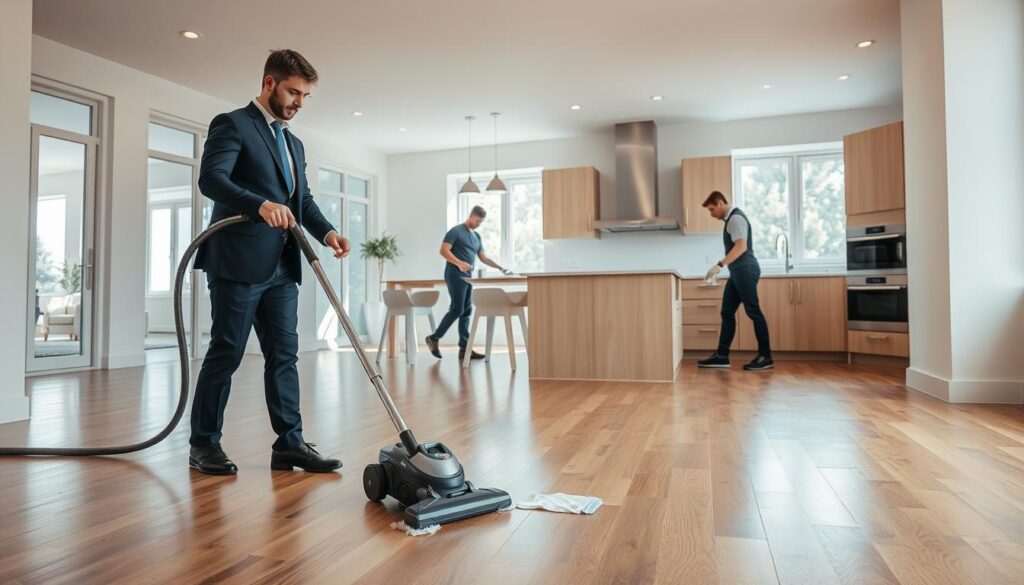 A professional cleaning crew is actively engaged in a post-renovation space, using specialized tools and techniques. In the foreground, a worker in smart business attire is cleaning a shiny wooden floor with a high-tech vacuum and microfiber cloths. In the middle ground, another staff member is meticulously wiping down freshly installed kitchen cabinets, showcasing attention to detail. The background features an airy, well-lit open-concept room with large windows allowing natural light to flood in, highlighting the cleanliness and order. Soft, diffused artificial lighting adds warmth to the scene. The overall mood conveys professionalism, efficiency, and a sense of satisfaction in achieving a spotless environment. The angle is slightly elevated, capturing the depth and spatial organization of the area while focusing on the cleaning techniques. A professional cleaning crew is actively engaged in a post-renovation space, using specialized tools and techniques. In the foreground, a worker in smart business attire is cleaning a shiny wooden floor with a high-tech vacuum and microfiber cloths. In the middle ground, another staff member is meticulously wiping down freshly installed kitchen cabinets, showcasing attention to detail. The background features an airy, well-lit open-concept room with large windows allowing natural light to flood in, highlighting the cleanliness and order. Soft, diffused artificial lighting adds warmth to the scene. The overall mood conveys professionalism, efficiency, and a sense of satisfaction in achieving a spotless environment. The angle is slightly elevated, capturing the depth and spatial organization of the area while focusing on the cleaning techniques.