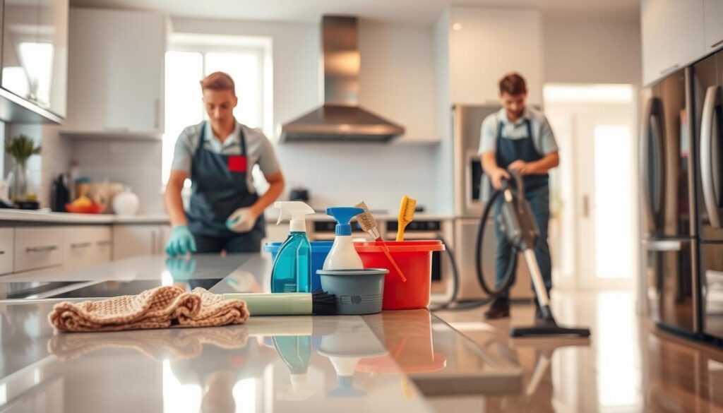 A professional deep cleaning scene in a bright and well-organized residential kitchen. In the foreground, a team of two workers in neat uniforms, one scrubbing a shiny countertop with a microfiber cloth and the other vacuuming the floor with industrial equipment. In the middle, various cleaning supplies like sprays, brushes, and buckets are neatly arranged on the counter, reflecting a meticulous approach. The background shows a sparkling kitchen with gleaming appliances, light pouring in through a window, highlighting the cleanliness. Soft, warm lighting enhances the inviting atmosphere, emphasizing the thoroughness of the deep clean process. The perspective is slightly angled to capture the depth of the kitchen space, creating a professional yet approachable mood. A professional deep cleaning scene in a bright and well-organized residential kitchen. In the foreground, a team of two workers in neat uniforms, one scrubbing a shiny countertop with a microfiber cloth and the other vacuuming the floor with industrial equipment. In the middle, various cleaning supplies like sprays, brushes, and buckets are neatly arranged on the counter, reflecting a meticulous approach. The background shows a sparkling kitchen with gleaming appliances, light pouring in through a window, highlighting the cleanliness. Soft, warm lighting enhances the inviting atmosphere, emphasizing the thoroughness of the deep clean process. The perspective is slightly angled to capture the depth of the kitchen space, creating a professional yet approachable mood.