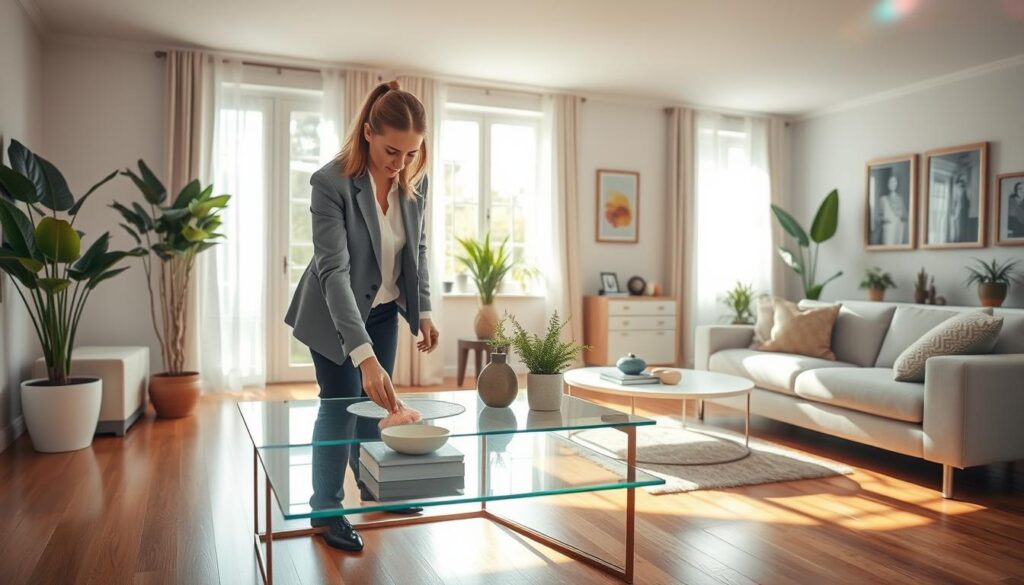 A professional estate agent meticulously cleaning a well-staged home interior, showcasing a bright and inviting living room. In the foreground, the agent, dressed in a crisp blazer, focuses on dusting a modern coffee table adorned with decorative items. In the middle ground, sunlight streams through large windows, illuminating the polished hardwood floors and vibrant indoor plants. The background features a tastefully decorated wall with artwork and a sleek sofa, creating an atmosphere of elegance and sophistication. Soft shadows enhance the depth of the scene, while a slight lens flare from the sunlight adds warmth. The overall mood is fresh and professional, reflecting the meticulous care that goes into preparing a property for clients. A professional estate agent meticulously cleaning a well-staged home interior, showcasing a bright and inviting living room. In the foreground, the agent, dressed in a crisp blazer, focuses on dusting a modern coffee table adorned with decorative items. In the middle ground, sunlight streams through large windows, illuminating the polished hardwood floors and vibrant indoor plants. The background features a tastefully decorated wall with artwork and a sleek sofa, creating an atmosphere of elegance and sophistication. Soft shadows enhance the depth of the scene, while a slight lens flare from the sunlight adds warmth. The overall mood is fresh and professional, reflecting the meticulous care that goes into preparing a property for clients.