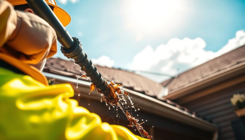 A professional gutter cleaner, dressed in a bright yellow safety vest and hard hat, is carefully using a specialized tool to clear leaves and debris from a home's gutters. In the foreground, a close-up view showcases the tool in action, with water droplets splashing against the sunlight. The middle of the image features the exterior of a well-maintained house, highlighting its roof and fascia boards, which appear pristine and protected. In the background, blue skies and fluffy clouds create a serene atmosphere, emphasizing the importance of home maintenance. The lighting is warm and inviting, giving a sense of security and care. The angle captures the depth of the gutters, emphasizing their role in safeguarding the home. A professional gutter cleaner, dressed in a bright yellow safety vest and hard hat, is carefully using a specialized tool to clear leaves and debris from a home's gutters. In the foreground, a close-up view showcases the tool in action, with water droplets splashing against the sunlight. The middle of the image features the exterior of a well-maintained house, highlighting its roof and fascia boards, which appear pristine and protected. In the background, blue skies and fluffy clouds create a serene atmosphere, emphasizing the importance of home maintenance. The lighting is warm and inviting, giving a sense of security and care. The angle captures the depth of the gutters, emphasizing their role in safeguarding the home.