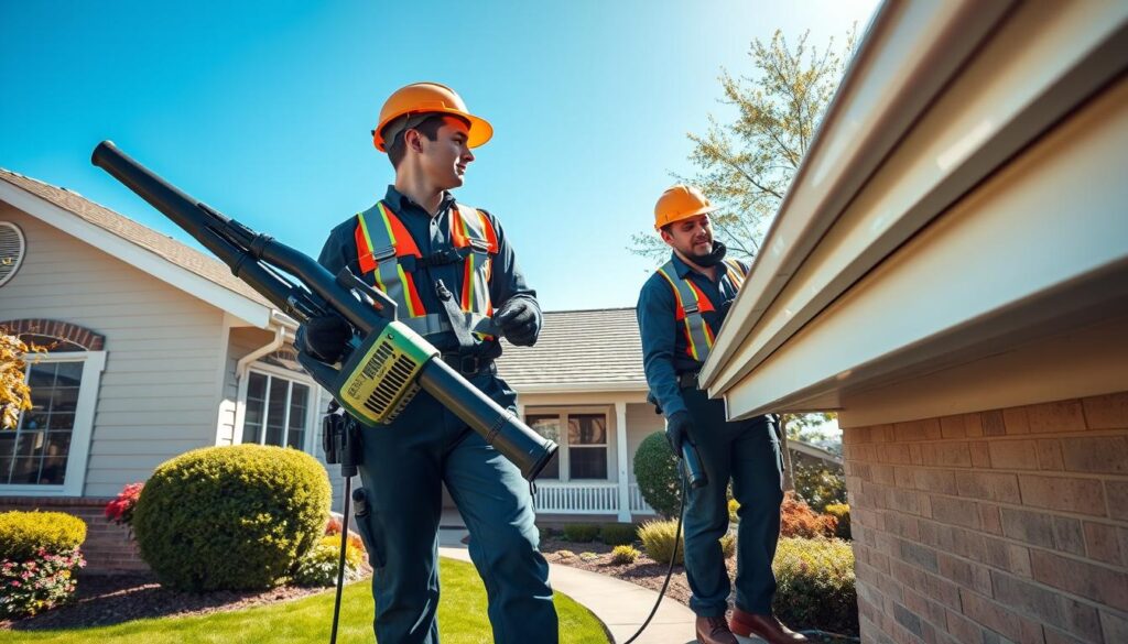 A professional gutter cleaning service in action, focusing on a team of two workers dressed in smart uniforms and safety gear, carefully cleaning gutters on a modest suburban home. In the foreground, a worker holds a high-powered leaf blower, while the other inspects the gutter with a flashlight. The middle ground showcases the well-maintained house with fresh landscaping, emphasizing the importance of exterior property maintenance. The background features a clear blue sky, bright sunlight filtering through the trees, creating a vibrant and inviting atmosphere. Use a wide-angle lens to highlight the teamwork and professionalism of the service. The image should evoke a sense of care and diligence in maintaining the safety and cleanliness of the home. A professional gutter cleaning service in action, focusing on a team of two workers dressed in smart uniforms and safety gear, carefully cleaning gutters on a modest suburban home. In the foreground, a worker holds a high-powered leaf blower, while the other inspects the gutter with a flashlight. The middle ground showcases the well-maintained house with fresh landscaping, emphasizing the importance of exterior property maintenance. The background features a clear blue sky, bright sunlight filtering through the trees, creating a vibrant and inviting atmosphere. Use a wide-angle lens to highlight the teamwork and professionalism of the service. The image should evoke a sense of care and diligence in maintaining the safety and cleanliness of the home.