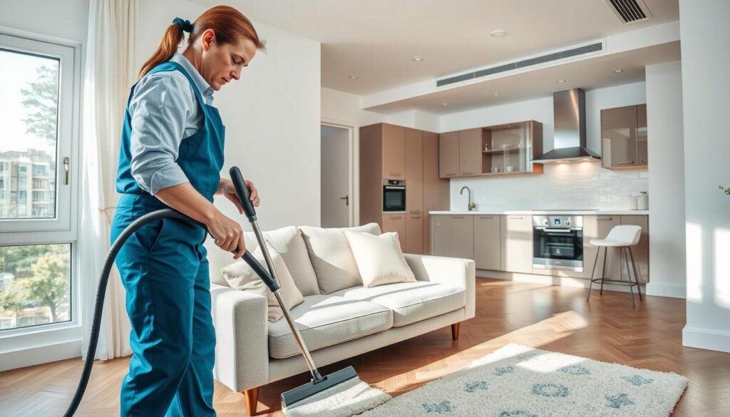 A professional interior scene showcasing specialized cleaning services. In the foreground, a skilled cleaner in professional attire is meticulously cleaning a living room, using high-quality cleaning tools and equipment. The middle ground features a freshly cleaned sofa, shiny air vents, and sparkling window sills that highlight the results of deep cleaning. In the background, a well-organized kitchen with gleaming countertops and orderly cabinets illustrates the effect of end-of-tenancy cleaning. Soft, natural light filters in from a large window, creating a bright and inviting atmosphere. The overall mood is one of cleanliness, attention to detail, and professionalism, emphasizing the value of specialized cleaning services. The angle captures a wide view of the room to showcase the effectiveness of the cleaning process.