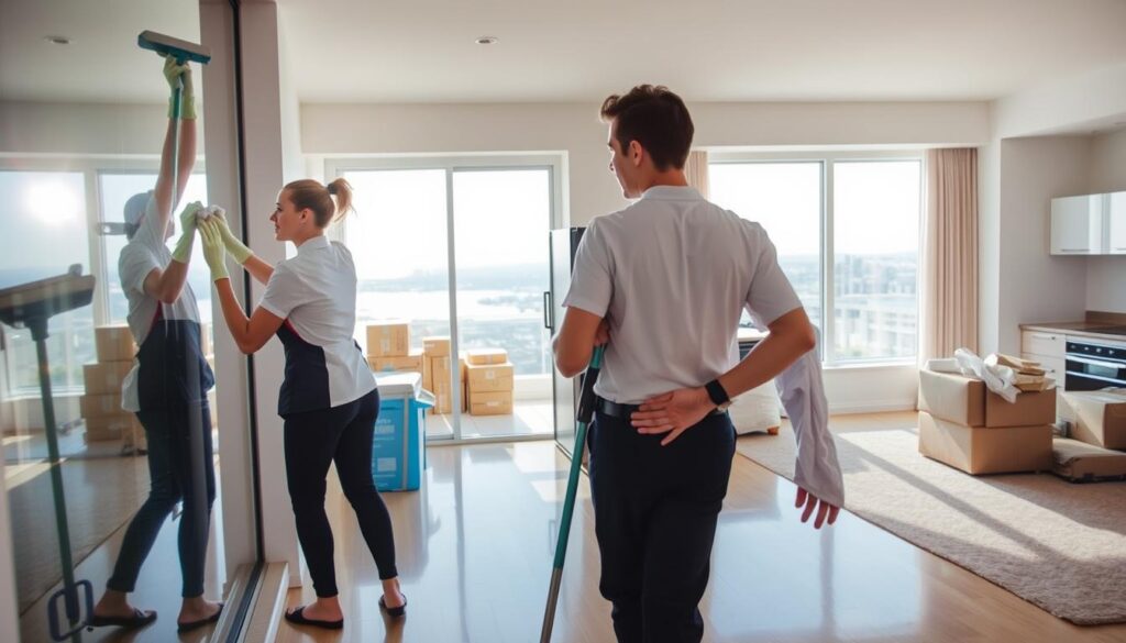 A professional move-out cleaning service in action, featuring two cleaners in smart uniforms, thoroughly scrubbing a spacious apartment unit. In the foreground, one cleaner focuses on cleaning a large window with a squeegee, while the other wipes down kitchen countertops with a microfiber cloth. The middle ground shows a partially packed room with neatly stacked boxes, and sparkling appliances reflecting the sunlight. The background reveals gleaming floors, freshly cleaned carpets, and a beautiful view through the window. The scene is bright and well-lit, suggesting mid-morning sunlight streaming in, with a wide-angle perspective that captures the entire room. The atmosphere is energetic and professional, emphasizing the meticulous attention to detail characteristic of Pure Sync Cleaning Services. A professional move-out cleaning service in action, featuring two cleaners in smart uniforms, thoroughly scrubbing a spacious apartment unit. In the foreground, one cleaner focuses on cleaning a large window with a squeegee, while the other wipes down kitchen countertops with a microfiber cloth. The middle ground shows a partially packed room with neatly stacked boxes, and sparkling appliances reflecting the sunlight. The background reveals gleaming floors, freshly cleaned carpets, and a beautiful view through the window. The scene is bright and well-lit, suggesting mid-morning sunlight streaming in, with a wide-angle perspective that captures the entire room. The atmosphere is energetic and professional, emphasizing the meticulous attention to detail characteristic of Pure Sync Cleaning Services.