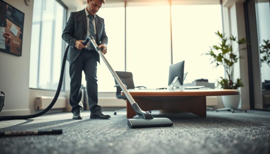A professional office cleaning scene capturing the essence of "commercial cleaning." In the foreground, a focused cleaning technician dressed in smart business attire is using a high-grade vacuum cleaner to clean a carpeted area. In the middle, a polished wooden desk with scattered papers and a computer is shown, emphasizing the need for maintenance. In the background, large windows allow natural light to flood the room, illuminating the cleanliness of the space. The atmosphere is bright and efficient, with a sense of order and freshness, highlighting the importance of regular cleaning to prevent neglect. The angle is slightly tilted from a low perspective to showcase depth and the cleaning tools effectively. A professional office cleaning scene capturing the essence of "commercial cleaning." In the foreground, a focused cleaning technician dressed in smart business attire is using a high-grade vacuum cleaner to clean a carpeted area. In the middle, a polished wooden desk with scattered papers and a computer is shown, emphasizing the need for maintenance. In the background, large windows allow natural light to flood the room, illuminating the cleanliness of the space. The atmosphere is bright and efficient, with a sense of order and freshness, highlighting the importance of regular cleaning to prevent neglect. The angle is slightly tilted from a low perspective to showcase depth and the cleaning tools effectively.