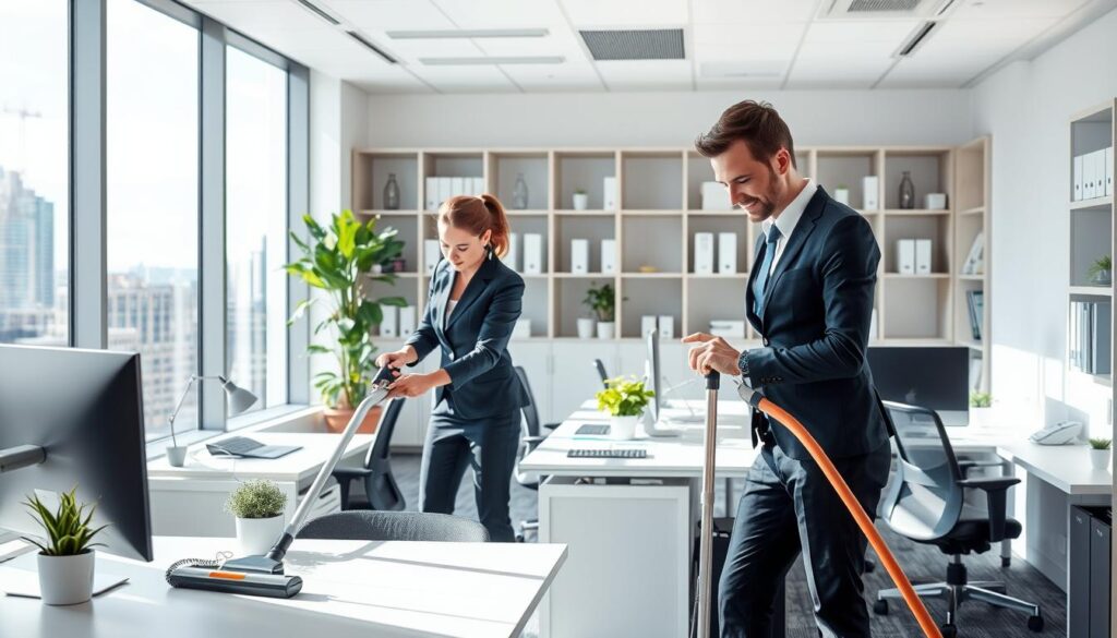 A professional office cleaning scene depicting a bright, modern workspace. In the foreground, a team of two cleaners in smart uniforms, one using a vacuum and the other dusting shelves, are focused on their tasks, demonstrating teamwork and efficiency. In the middle ground, there are tidy desks with computers, plants, and organized documents, reflecting a productive atmosphere. The background features large windows allowing natural light to flood the area, enhancing the freshness of the scene, and cityscape views can be seen outside. The lighting is bright and cheerful, creating an inviting, clean ambiance. The overall mood is professional and serene, emphasizing the importance of a well-maintained office environment for business success. A professional office cleaning scene depicting a bright, modern workspace. In the foreground, a team of two cleaners in smart uniforms, one using a vacuum and the other dusting shelves, are focused on their tasks, demonstrating teamwork and efficiency. In the middle ground, there are tidy desks with computers, plants, and organized documents, reflecting a productive atmosphere. The background features large windows allowing natural light to flood the area, enhancing the freshness of the scene, and cityscape views can be seen outside. The lighting is bright and cheerful, creating an inviting, clean ambiance. The overall mood is professional and serene, emphasizing the importance of a well-maintained office environment for business success.