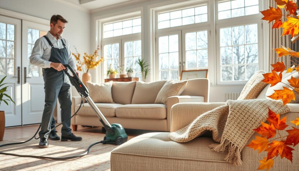 A professional upholstery cleaning scene in a bright, organized living room. In the foreground, a certified technician, dressed in a clean uniform, is using a high-powered steam cleaner on a plush sofa, showcasing the effectiveness of the cleaning process. The middle ground features a freshly cleaned armchair, with sunlight streaming through large windows, highlighting the contrast between clean and unclean upholstery. In the background, seasonal elements like autumn leaves and a cozy throw blanket evoke the idea of changing environments and the need for seasonal cleaning. The atmosphere is bright and inviting, with soft natural lighting enhancing the cleanliness and freshness of the space, and a wide-angle view captures the entire room in a welcoming manner. A professional upholstery cleaning scene in a bright, organized living room. In the foreground, a certified technician, dressed in a clean uniform, is using a high-powered steam cleaner on a plush sofa, showcasing the effectiveness of the cleaning process. The middle ground features a freshly cleaned armchair, with sunlight streaming through large windows, highlighting the contrast between clean and unclean upholstery. In the background, seasonal elements like autumn leaves and a cozy throw blanket evoke the idea of changing environments and the need for seasonal cleaning. The atmosphere is bright and inviting, with soft natural lighting enhancing the cleanliness and freshness of the space, and a wide-angle view captures the entire room in a welcoming manner.