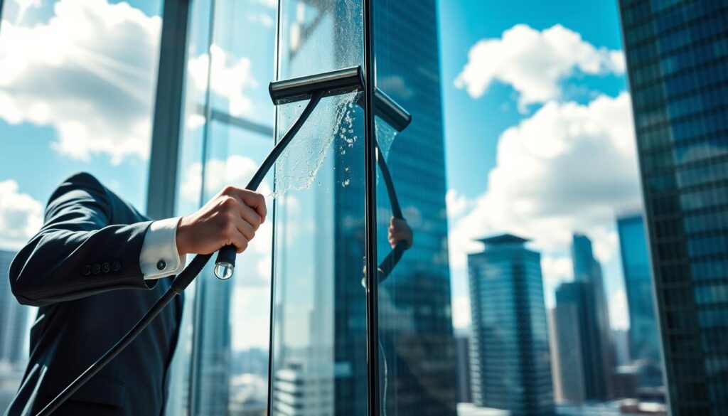 A professional window cleaner in action, dressed in smart, professional attire, meticulously cleaning large glass windows of a modern building, showcasing crystal-clear results. In the foreground, the cleaner uses specialized tools, such as a squeegee and cleaning solution, with droplets of water reflecting sunlight. In the middle ground, towering skyscrapers can be seen, creating a busy urban environment. The background features a blue sky with fluffy white clouds, emphasizing a bright and sunny day. The composition captures the care and expertise of the window cleaning service, with sharp focus on the worker and a slightly blurred background for depth. The overall mood should convey professionalism and trust, ideal for landlords and letting agents seeking reliable services. A professional window cleaner in action, dressed in smart, professional attire, meticulously cleaning large glass windows of a modern building, showcasing crystal-clear results. In the foreground, the cleaner uses specialized tools, such as a squeegee and cleaning solution, with droplets of water reflecting sunlight. In the middle ground, towering skyscrapers can be seen, creating a busy urban environment. The background features a blue sky with fluffy white clouds, emphasizing a bright and sunny day. The composition captures the care and expertise of the window cleaning service, with sharp focus on the worker and a slightly blurred background for depth. The overall mood should convey professionalism and trust, ideal for landlords and letting agents seeking reliable services.