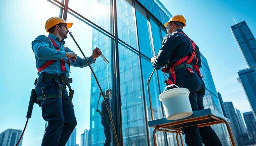 A professional window cleaning service is depicted on a bright, sunny day, showcasing two workers in smart uniforms and safety harnesses. In the foreground, one worker is skillfully using a squeegee to clean a large glass window, while the other applies cleaning solution from a bucket on a scaffold. The middle ground features a modern commercial building with gleaming glass facades, reflecting sunlight and surrounding cityscape. In the background, there are skyscrapers and clear blue skies, enhancing the urban atmosphere. The scene is vibrant and well-lit, capturing the importance of clean windows in promoting a polished image for commercial success, with a focus on professionalism and efficiency. The angle is slightly below eye-level, offering a dynamic view of the workers and the height of the building. A professional window cleaning service is depicted on a bright, sunny day, showcasing two workers in smart uniforms and safety harnesses. In the foreground, one worker is skillfully using a squeegee to clean a large glass window, while the other applies cleaning solution from a bucket on a scaffold. The middle ground features a modern commercial building with gleaming glass facades, reflecting sunlight and surrounding cityscape. In the background, there are skyscrapers and clear blue skies, enhancing the urban atmosphere. The scene is vibrant and well-lit, capturing the importance of clean windows in promoting a polished image for commercial success, with a focus on professionalism and efficiency. The angle is slightly below eye-level, offering a dynamic view of the workers and the height of the building.