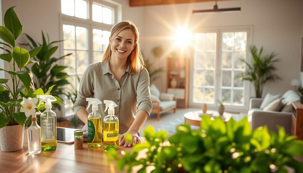 A serene and inviting living room showcasing eco-friendly cleaning products, set in the foreground. A smiling professional cleaner in modest casual clothing is gently wiping a countertop with a natural cloth, surrounded by vibrant green plants and eco-friendly cleaning supplies, such as herbal sprays and biodegradable products. In the middle ground, sunlight filters through large windows, creating a warm, inviting glow that enhances the clean and fresh atmosphere. The background features a tidy space with natural wood furniture, soft textiles, and a touch of nature, exemplifying a harmonious and sustainable lifestyle. The overall mood is peaceful, bright, and uplifting, emphasizing the benefits of eco-friendly cleaning for both home and environment. A serene and inviting living room showcasing eco-friendly cleaning products, set in the foreground. A smiling professional cleaner in modest casual clothing is gently wiping a countertop with a natural cloth, surrounded by vibrant green plants and eco-friendly cleaning supplies, such as herbal sprays and biodegradable products. In the middle ground, sunlight filters through large windows, creating a warm, inviting glow that enhances the clean and fresh atmosphere. The background features a tidy space with natural wood furniture, soft textiles, and a touch of nature, exemplifying a harmonious and sustainable lifestyle. The overall mood is peaceful, bright, and uplifting, emphasizing the benefits of eco-friendly cleaning for both home and environment.