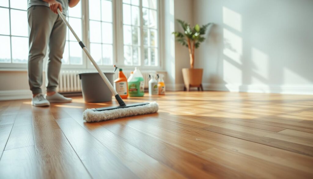 A serene interior view of a beautifully maintained room featuring gleaming hardwood floors. In the foreground, a professional cleaner is shown carefully using a microfiber mop, dressed in modest casual clothing. The middle ground includes an array of cleaning supplies such as eco-friendly floor cleaner and a bucket, neatly organized to illustrate the cleaning process. The background showcases large windows allowing soft, natural light to flood the room, enhancing the warm tones of the hardwood. The overall atmosphere is calm and inviting, emphasizing cleanliness and care for the flooring, with a slight sheen visible on the wood surface to reflect the effectiveness of the cleaning process. The shot is angled from a low perspective to emphasize the floor's texture and shine. A serene interior view of a beautifully maintained room featuring gleaming hardwood floors. In the foreground, a professional cleaner is shown carefully using a microfiber mop, dressed in modest casual clothing. The middle ground includes an array of cleaning supplies such as eco-friendly floor cleaner and a bucket, neatly organized to illustrate the cleaning process. The background showcases large windows allowing soft, natural light to flood the room, enhancing the warm tones of the hardwood. The overall atmosphere is calm and inviting, emphasizing cleanliness and care for the flooring, with a slight sheen visible on the wood surface to reflect the effectiveness of the cleaning process. The shot is angled from a low perspective to emphasize the floor's texture and shine.