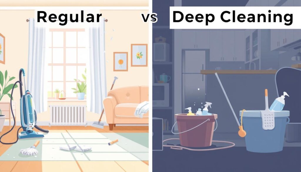 A split-screen illustration depicting the key differences between regular and deep cleaning in a home setting. On the left, a bright, well-lit room showcasing a regular cleaning scene: a vacuum cleaner, a mop, and dusting tools on neatly arranged surfaces, with dust particles floating in soft sunlight. On the right, a darker, more focused view of deep cleaning: intricate detailing with a power scrubber, a bucket filled with cleaning supplies, and attention to hard-to-reach areas like behind furniture. The background features a cozy living room and kitchen, with contrasting compositions emphasizing the thoroughness of deep cleaning. The overall mood is informative and professional, capturing the essence of cleanliness and orderliness without any text or distractions. A split-screen illustration depicting the key differences between regular and deep cleaning in a home setting. On the left, a bright, well-lit room showcasing a regular cleaning scene: a vacuum cleaner, a mop, and dusting tools on neatly arranged surfaces, with dust particles floating in soft sunlight. On the right, a darker, more focused view of deep cleaning: intricate detailing with a power scrubber, a bucket filled with cleaning supplies, and attention to hard-to-reach areas like behind furniture. The background features a cozy living room and kitchen, with contrasting compositions emphasizing the thoroughness of deep cleaning. The overall mood is informative and professional, capturing the essence of cleanliness and orderliness without any text or distractions.
