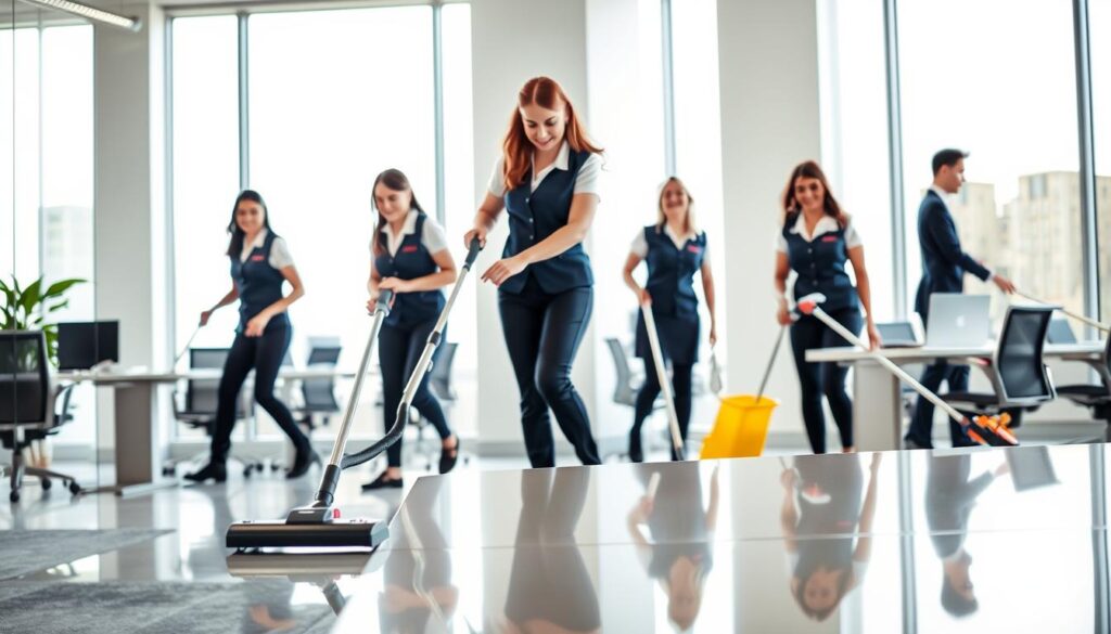 A team of professional cleaners in a modern, well-lit office environment, showcasing a diverse group of two women and one man. The foreground features the cleaners wearing smart uniforms, one woman is vacuuming while another wipes surfaces, demonstrating teamwork and efficiency. The middle ground highlights gleaming desks and chairs, reflecting their hard work. In the background, large windows let in natural light, creating an inviting atmosphere. The lighting is bright and cheerful, enhancing the cleanliness of the space. The lens captures a slightly angled view to add depth, with an emphasis on the professionalism and dedication of Pure Sync Cleaning Services. The overall mood is energetic and industrious, showcasing a reliable cleaning service in action. A team of professional cleaners in a modern, well-lit office environment, showcasing a diverse group of two women and one man. The foreground features the cleaners wearing smart uniforms, one woman is vacuuming while another wipes surfaces, demonstrating teamwork and efficiency. The middle ground highlights gleaming desks and chairs, reflecting their hard work. In the background, large windows let in natural light, creating an inviting atmosphere. The lighting is bright and cheerful, enhancing the cleanliness of the space. The lens captures a slightly angled view to add depth, with an emphasis on the professionalism and dedication of Pure Sync Cleaning Services. The overall mood is energetic and industrious, showcasing a reliable cleaning service in action.