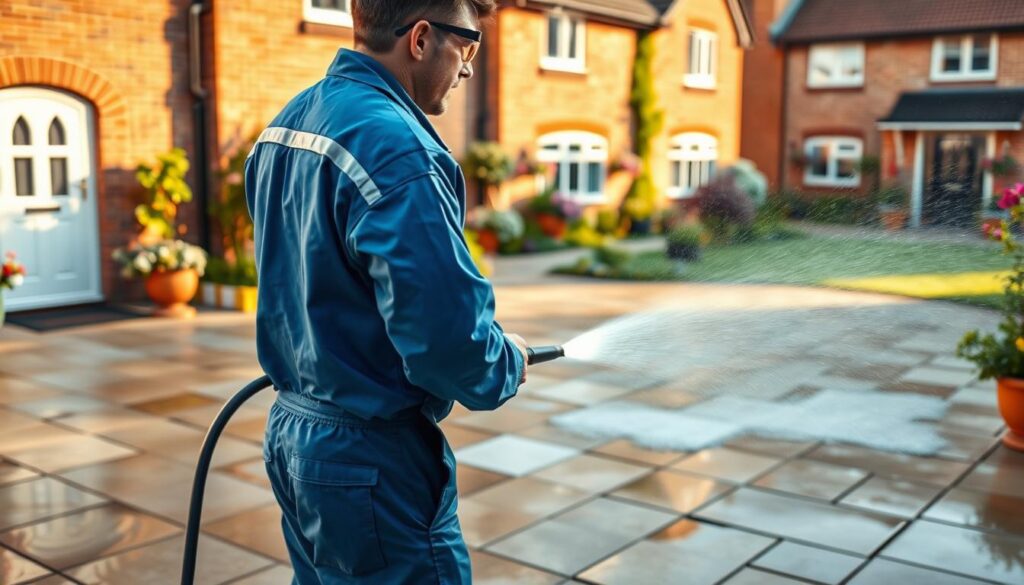 A vibrant scene showcasing a pressure washing operation in Croydon. In the foreground, a professional wearing a blue uniform and safety goggles is confidently using a pressure washer to clean a stone patio, with droplets of water glistening in sunlight. The midground features a cleaned patio area, radiating freshness, with a clearly defined contrast against the dirty sections. In the background, typical Croydon architecture with charming brick houses and blooming gardens enhances the locality. The scene is illuminated by soft, warm sunlight, creating an inviting and cheerful atmosphere. The angle captures both the action of pressure washing and the essence of the neighborhood, emphasizing the transformation that this service provides. A vibrant scene showcasing a pressure washing operation in Croydon. In the foreground, a professional wearing a blue uniform and safety goggles is confidently using a pressure washer to clean a stone patio, with droplets of water glistening in sunlight. The midground features a cleaned patio area, radiating freshness, with a clearly defined contrast against the dirty sections. In the background, typical Croydon architecture with charming brick houses and blooming gardens enhances the locality. The scene is illuminated by soft, warm sunlight, creating an inviting and cheerful atmosphere. The angle captures both the action of pressure washing and the essence of the neighborhood, emphasizing the transformation that this service provides.