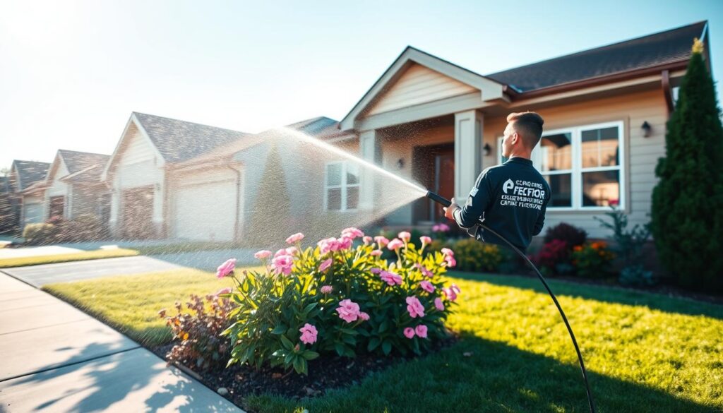 A vibrant scene showcasing professional exterior maintenance and pressure washing services. In the foreground, a technician wearing a branded, neat uniform operates a high-pressure washer, spraying water onto a clean suburban home's facade. The middle ground features a well-maintained yard with blooming flowers and green grass, providing a lively contrast. In the background, a clear blue sky and gentle sunlight illuminate the scene, creating a fresh and eco-friendly atmosphere. The composition is captured from a slightly elevated angle to emphasize the height of the home and the effectiveness of the cleaning service. Overall, the image conveys a sense of professionalism, care for the environment, and the importance of maintaining a pristine home exterior. A vibrant scene showcasing professional exterior maintenance and pressure washing services. In the foreground, a technician wearing a branded, neat uniform operates a high-pressure washer, spraying water onto a clean suburban home's facade. The middle ground features a well-maintained yard with blooming flowers and green grass, providing a lively contrast. In the background, a clear blue sky and gentle sunlight illuminate the scene, creating a fresh and eco-friendly atmosphere. The composition is captured from a slightly elevated angle to emphasize the height of the home and the effectiveness of the cleaning service. Overall, the image conveys a sense of professionalism, care for the environment, and the importance of maintaining a pristine home exterior.